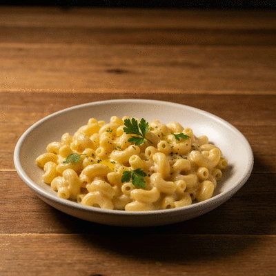 Gourmet mac and cheese with truffle oil, sophisticated presentation, warm ambiance