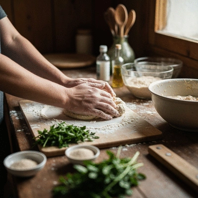 Close-up of hands preparing a sloppy starter, with ingredients spread around, emphasizing a fun, messy cooking process.