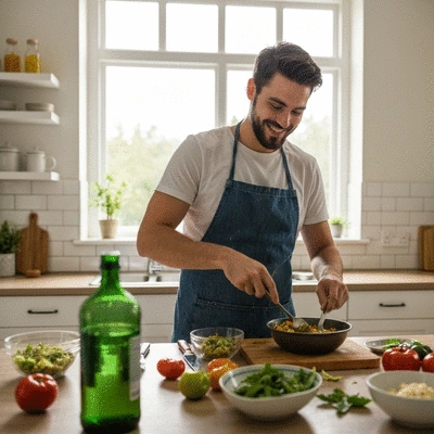 Person preparing a sloppy starter dish in a kitchen, showing messy but fun cooking