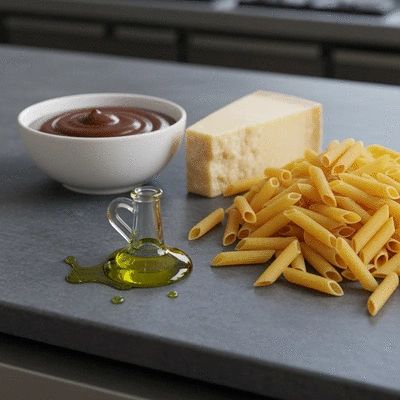 Ingredients for a gooey casserole, including a block of cheese, pasta, and a bowl of sauce, neatly arranged on a kitchen counter