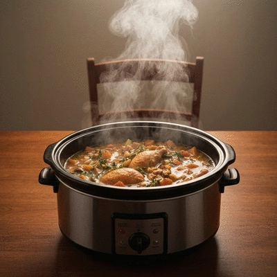 Hearty stew simmering in a modern slow cooker on a kitchen counter