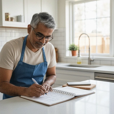 Person organizing groceries and meal plan on a kitchen counter