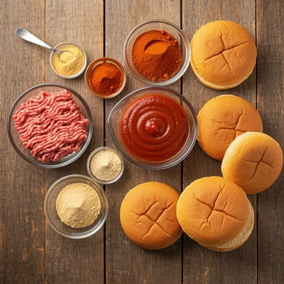 High-quality product photography of classic sloppy joe ingredients: ground beef, tomato sauce, spices, and buns, arranged neatly, no text, no words, no typography, clean image