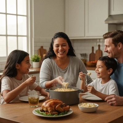 Family sharing a meal, laughing and enjoying comfort food, warm lighting