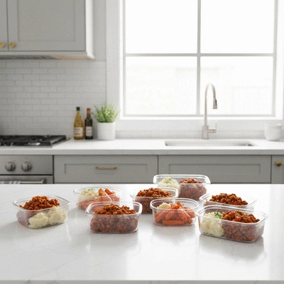 Meal prep containers filled with sloppy joes and sides