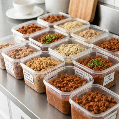 A variety of airtight containers filled with prepped sloppy joe mixture, labeled and ready for freezing, on a clean kitchen counter