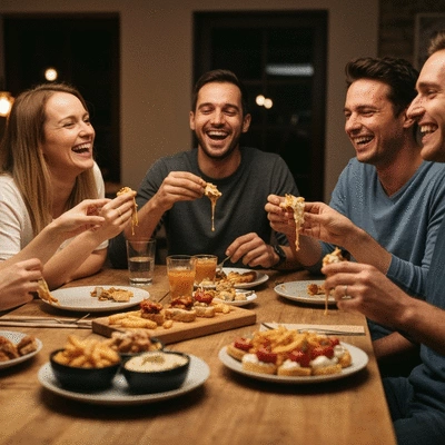 Friends and family gathered around a table with various messy sloppy starters, laughing and enjoying the food in a casual setting.