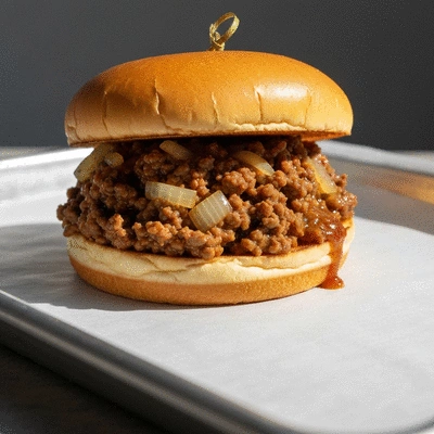 A close-up of a well-assembled sloppy joe on a sturdy bun, with a small amount of sauce on a clean parchment-lined tray, no text, no words, no typography, clean image