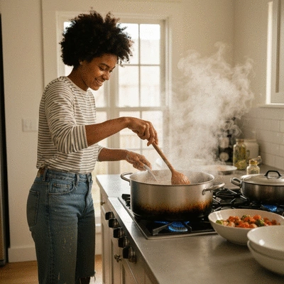 A person happily stirring a large pot of a messy, delicious-looking stew, kitchen setting, no text, no words, no typography, 8K