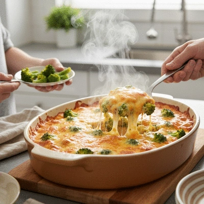 A deliciously messy, gooey casserole being served, steam rising, comfort food, no text, no words, no typography, 8K