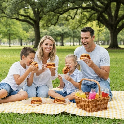 A family enjoying mess-free sloppy joes at a picnic, with visible parchment paper under the sandwiches to catch drips, no text, no words, no typography, clean image