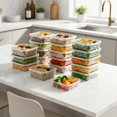 Labeled meal prep containers with healthy food