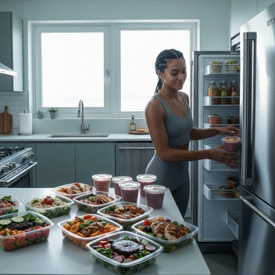 Person arranging meal prep containers with various healthy and indulgent foods in a modern kitchen