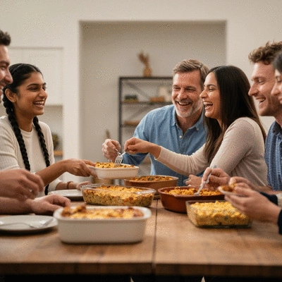 A diverse group of friends sharing different casserole dishes at a potluck, laughing and enjoying the food
