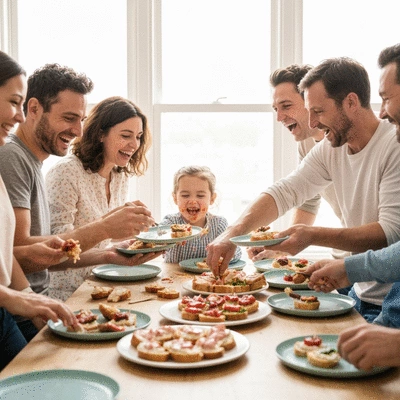 Family and friends enjoying a casual gathering with messy sloppy starters, laughing and interacting, no text, no words, no typography, clean image