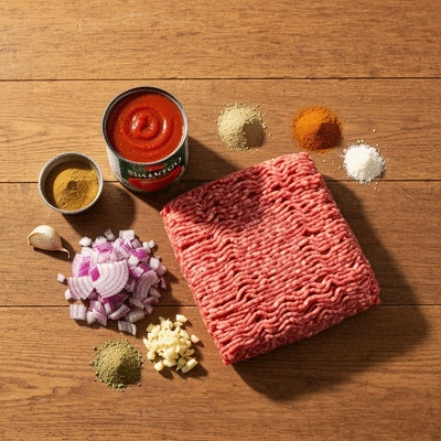 Assortment of fresh ingredients for sloppy joes, including ground meat, onions, garlic, tomato sauce, and spices, on a rustic wooden table