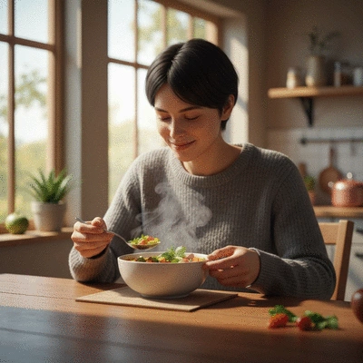 Person enjoying a healthy bowl of soup with fresh ingredients