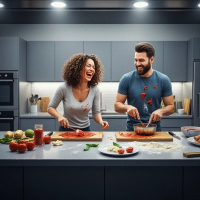 Two friends laughing while cooking a messy meal together in a modern kitchen