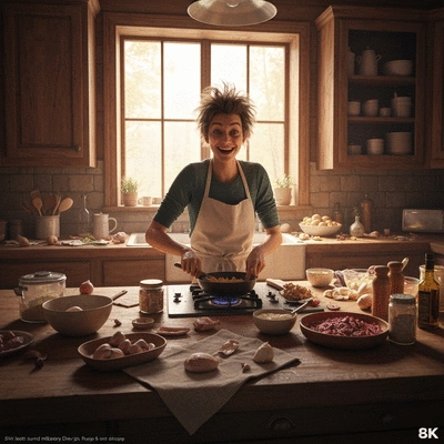 Person happily cooking a messy slop recipe in a rustic kitchen