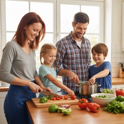 Family cooking together in a cozy kitchen, preparing a budget-friendly meal