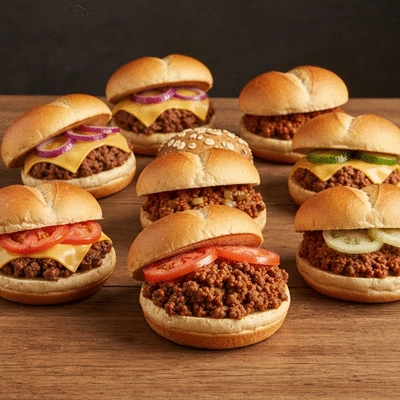 Assortment of different sloppy joe variations on buns, presented attractively