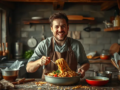 Jasper Noodleman, founder of All About Slop, joyfully cooking a messy dish