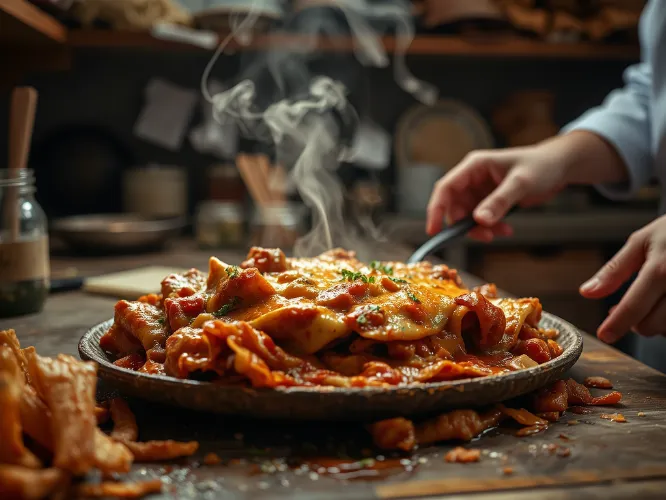 Deliciously messy comfort food being prepared in a home kitchen