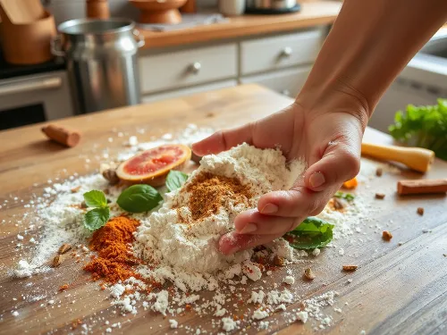 A hand playfully making a mess in a kitchen, with flour and ingredients scattered