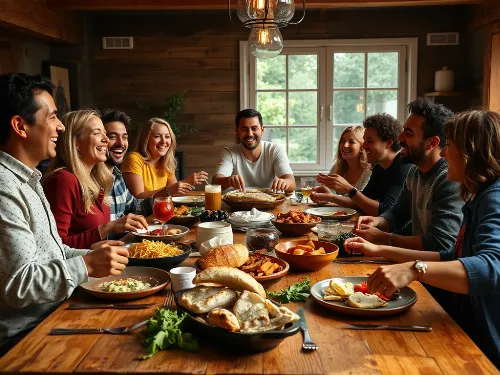 A group of friends laughing and enjoying a messy meal together at a dinner table