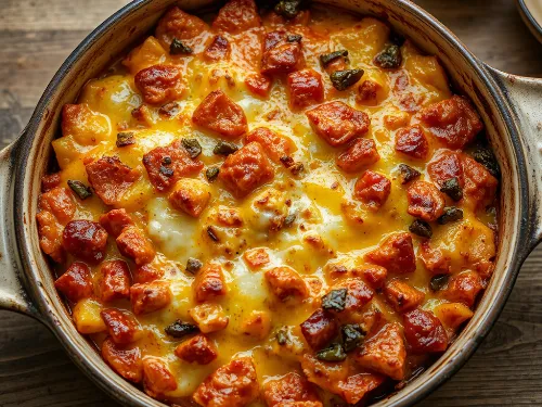 A colorful, messy, and delicious looking casserole in a dish